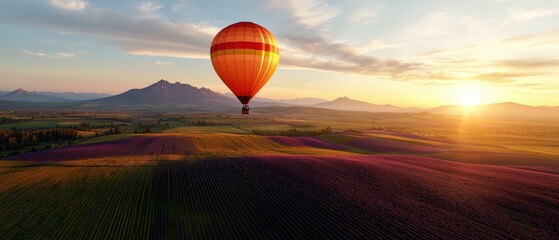 Obraz premium Hot air balloon soaring over a vibrant landscape at sunset.