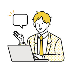イラスト素材：ノートパソコンの前で会話をするビジネスパーソンの男性