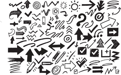 Chalk scribble doodle arrow, line elements set. Crayon arrow, underline, handwritten mark check. Rough hand drawn marker sketch with brush grunge texture. Vector illustration of kids pencil drawing.