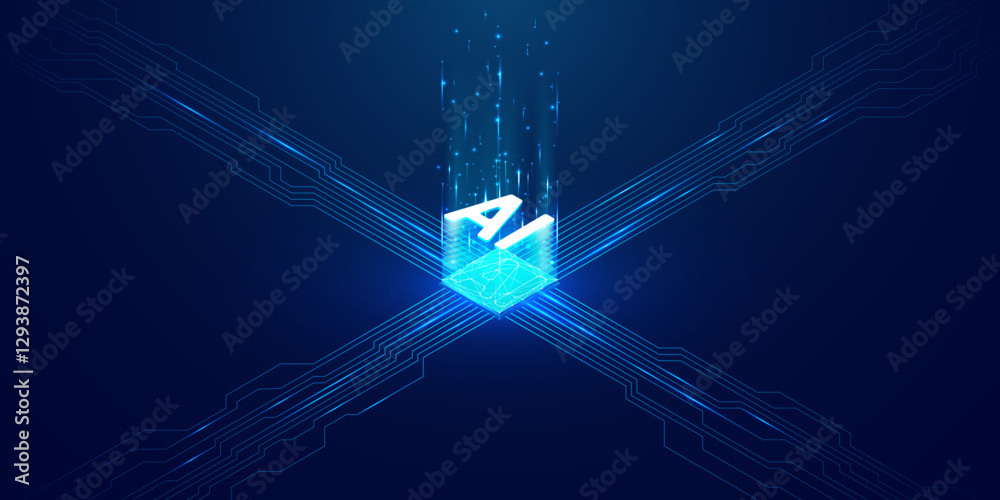 Poster isometric ai chip with light blue electronic elements on dark blue technology background. glowing fu