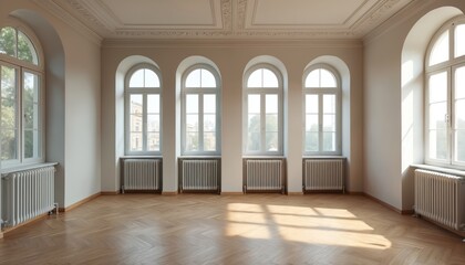 Obraz premium Spacious empty refurbished room interior with many windows, heating radiators. Modern design renovation with parquet floor, new plaster walls, bright light. Residential apartment after restoration,