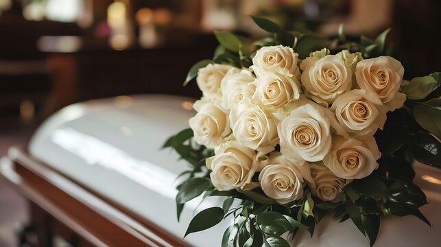 A bouquet of white roses on the table next to an open casket in the background, with a blurred focus. The scene is with warm lighting from inside a funeral home.