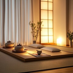 A serene scene depicting a Japanese tea ceremony room