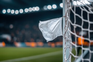 A flag hanging on a goalpost or scoreboard during a championship. 