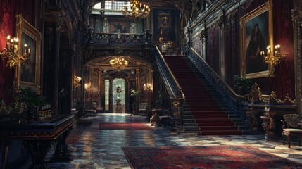 Obraz premium Grand and Luxurious Staircase in Opulent Historic Hallway