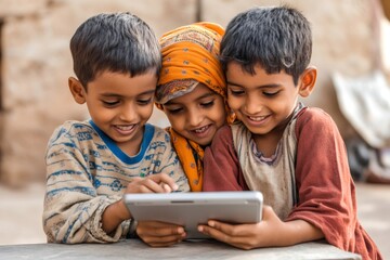 Happy indian children sharing a digital tablet in a rural village
