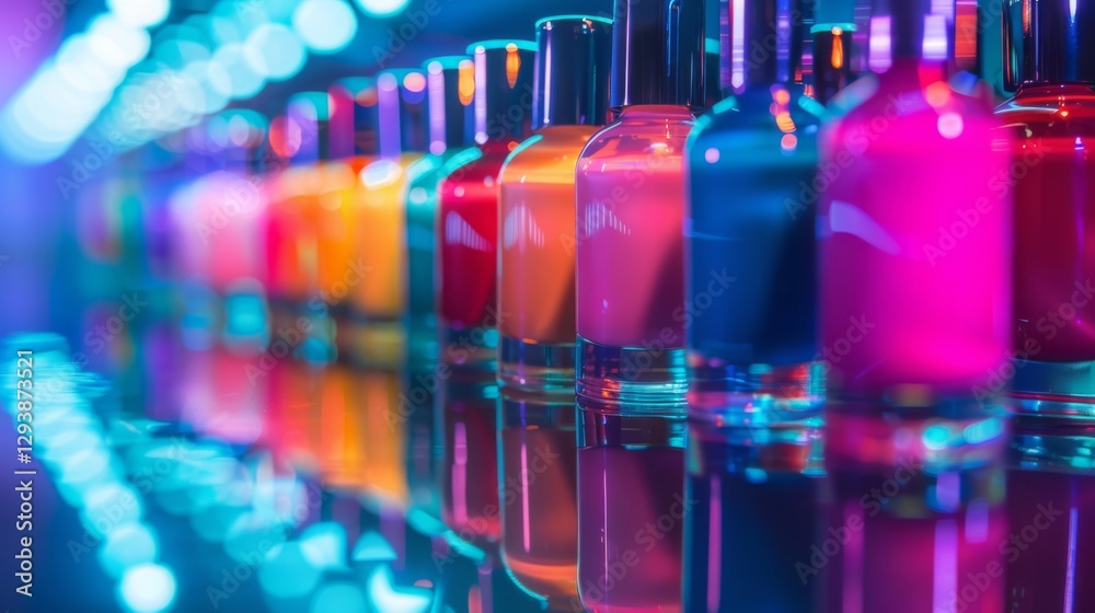 Poster A variety of colorful nail polish bottles are arranged in a line on a reflective surface, illuminated by bright lights in a vivid setting during an evening gathering.
