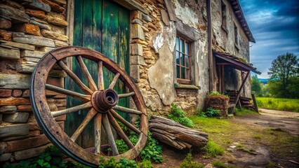 Obraz premium Epecuen Village Wheel: Rustic Wooden Wheel Against Weathered Building Facade