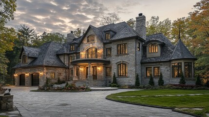 Fototapeta premium Elegant Luxury Stone House Surrounded by Lush Greenery at Dusk