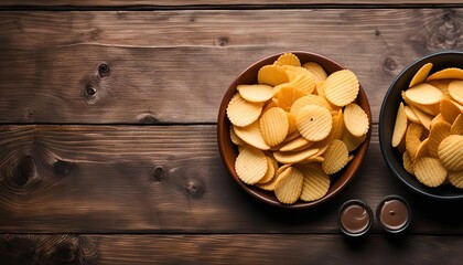 Potato Chips and Dip on Wooden Background