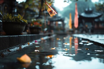 A floating flag reflected in a river near a temple or shrine. 