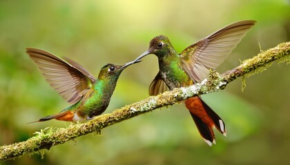 Naklejka premium Santa Marta Woodstar Radiant Chaetocercus astreans, Endemic Hummingbird from Colombia Caught MidFlight in a Tropical Sunset, Capturing the Vibrancy and Majesty of South American Wildlife.