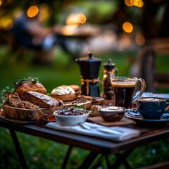 Fototapeta premium Coffee, pastries, and drinks on a garden table at dusk