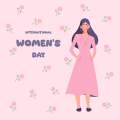 Women's day card. Girl on pink dress with roses. Vector illustration.