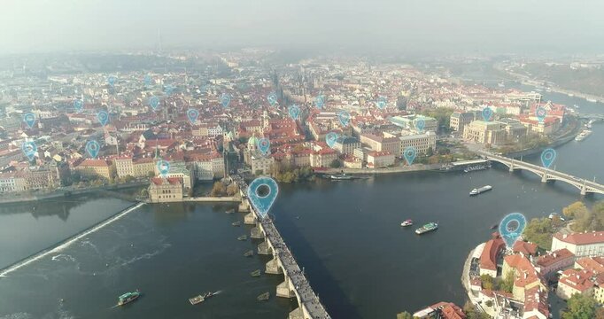 Location markers above the city. Sights of the city of Prague with marked tourist locations, top view. Tourist city view from above. Panorama of the tourist city with markers of popular places