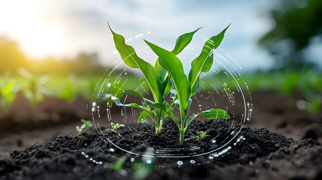 Innovative smart farming technology illustrated with corn seedlings and data driven infographics highlighting precision agriculture techniques data analytics