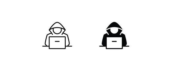 Computer hacker with laptop icon, Spy agent searching sign, symbol, logo, illustration, editable stroke, flat design style isolated on white