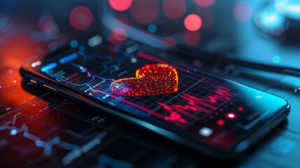 A smartphone showcases a vibrant heart rate monitor on its screen, surrounded by colorful glowing lights in a dimly lit setting, indicating health tracking activity.