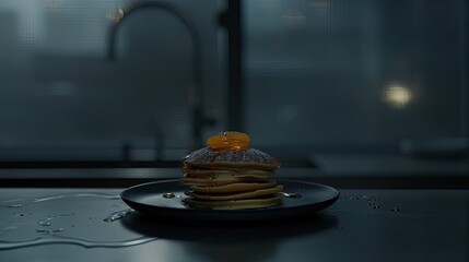 Fototapeta premium A stack of fluffy pancakes with banana and honey