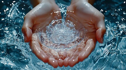 Fototapeta premium Human hands cupping clear water as a droplet splashes, with a blue, blurred background