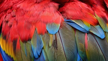 Obraz premium Stunning Closeup of Vivid Scarlet Macaw Feathers, Showcasing Striking Textures and Patterns against the Lush Tropical Greenery