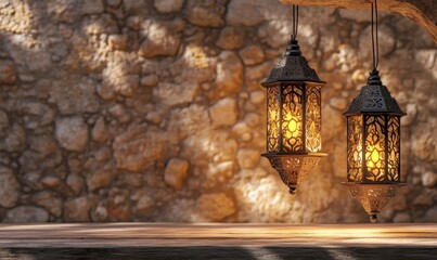 Obraz premium two hanging Ramadan lanterns on the right side of an empty rustic table with a stone wall background. Concept for an Islamic festival and celebration, banner design, mockup