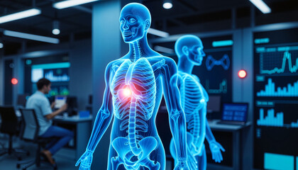 Futuristic hologram displaying health stats in advanced clinic, diagnostics