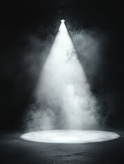 Dramatic spotlight illuminates smoky stage in dark room creating theatrical atmosphere and intense focus for performance or presentation with elegant visual effect