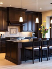Modern kitchen with dark cabinetry and pendant lights over island