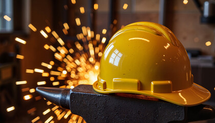 Yellow hard hat resting on anvil with sparks, craftsmanship symbol