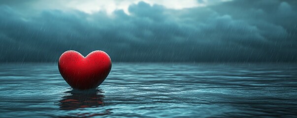 Fototapeta premium Digital illustration of a red heart floating in the middle of the ocean, surrounded by dark rainclouds, symbolizing grief, dramatic lighting, highdetail, 8K resolution