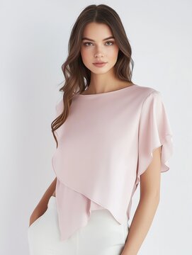 Feminines Fasion Model in softem Rosaton. Schlichte Raffinesse unterstreicht ihr Outfit.