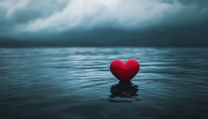Fototapeta premium Floating red heart in the middle of an endless ocean, ominous rainclouds looming, symbolizing sorrow and grief, highdetail, cinematic atmosphere, 4K resolution