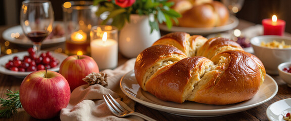 Festive Rosh Hashanah table with glowing foods and warm ambiance, celebration