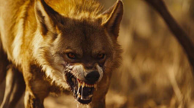 Aggressive rabid dog snarling with frothy saliva, intense eyes, and raised fur, isolated on a blurred background. Concept of danger, wild animal behavior, and rabies awareness	
