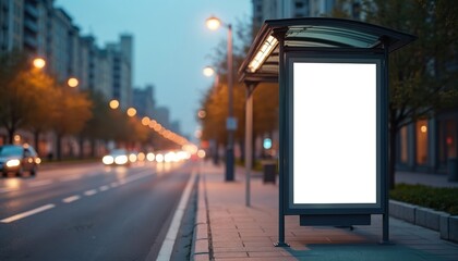 Vertical advertising poster mockup at bus stop shelter near main road. Billboard display space in city street with cars. Urban roadside banner template for advertisement content.