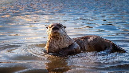 Fototapeta premium Playful Sea Otter Frolicking in Lisbons Coastline on a March Day in , Capturing Joy and Serenity with Every Splash.