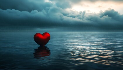 Fototapeta premium Red heart floating on the vast ocean, under dark, brooding rainclouds, symbolizing deep grief, emotional tone, dramatic lighting, ultradetailed, 8K render