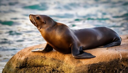 Fototapeta premium Sea Lion Basking on Rocky Coastline, Majestic Sea Mammal in Dramatic Ocean Setting, Capturing the Wild Beauty of Coastal California at Sunset.