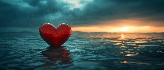 Fototapeta premium Red heart suspended in the middle of the ocean, heavy rainclouds above it, symbolizing emotional grief, stormy atmosphere, highdefinition, cinematic lighting, 4K quality