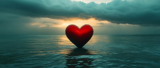 Fototapeta premium Red heart suspended in the middle of the ocean, heavy rainclouds above it, symbolizing emotional grief, stormy atmosphere, highdefinition, cinematic lighting, 4K quality