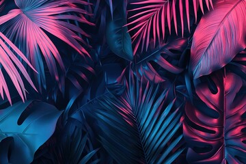 Vibrant Retro Palm Tree Neon Lights: Pink & Blue Tropical Paradise Background. Perfect for summer designs, beach party invitations, vintage posters, 80s themed projects, tropical cocktails, summer    