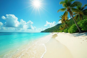 Fototapeta premium Sun-drenched white sand, turquoise waves lap shore, lush palms , idyllic, untouched, tropical beach