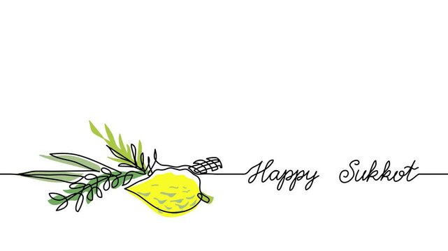 Happy Sukkot single line animated illustration of lemon and green brunches. One continuous self drawing line animation, footage with text Happy Sukkot