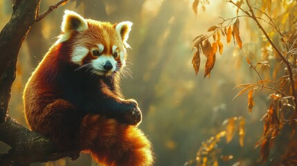 Fototapeta premium Adorable Red Panda Sitting on Tree Branch in Autumn Forest Light