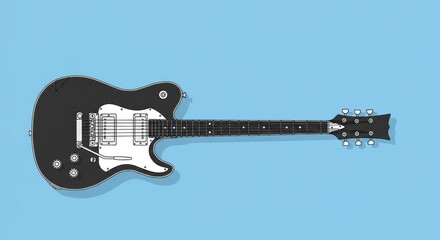 Black electric guitar on a blue background, showcasing its design and details, ideal for music-related content - "guitar design"