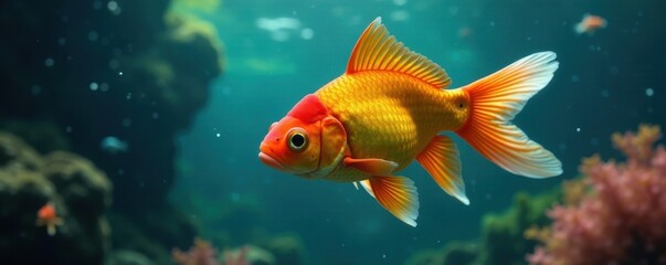 Vibrant goldfish swims towards viewer, underwater scene, detail, macro