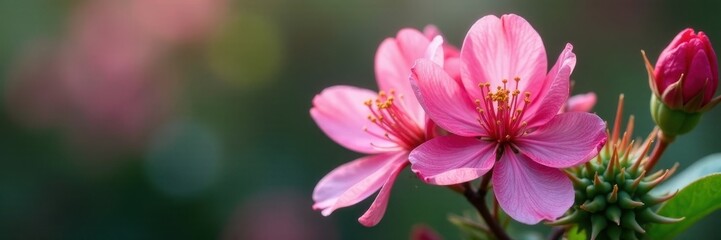 Fototapeta premium Vibrant pink blossoms unfurl, showcasing delicate petals against spiny green pads , color, close-up, spring