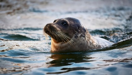 Fototapeta premium Enchanting Seal in Deep Water at Dusk, Captivating the Serene Mood of a Mystical Oceanic Scene, With Cobalt Blue Waters and Spray of White Foam Echoing the Power of the Tide.