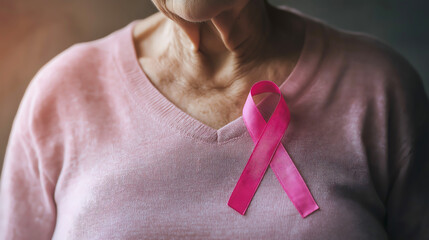 A ribbon for awareness cancer pinned to the chest of an elderly woman on her shirt, Support, Hope, Awareness month and world cancer day concept